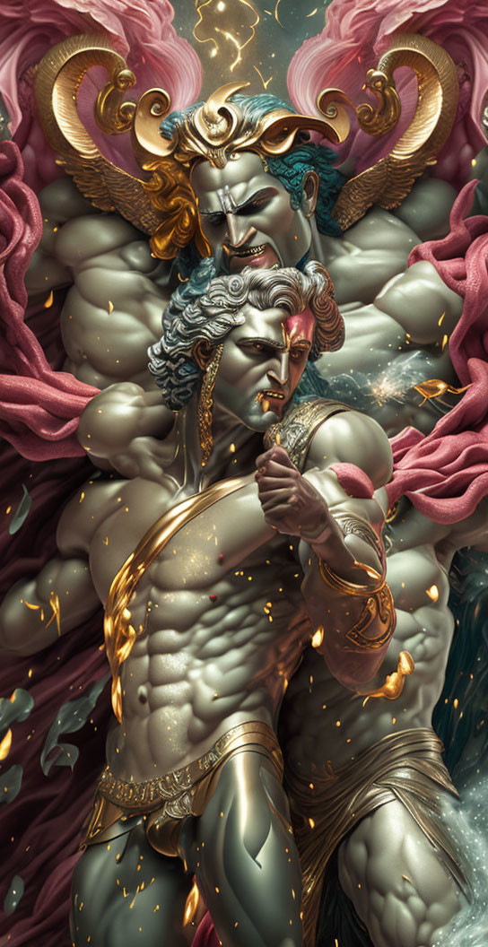 Fantasy artwork: Two horned muscular figures in pink clouds