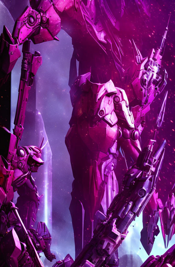 Purple Mechs in Futuristic Battle Formation Against Cosmic Backdrop