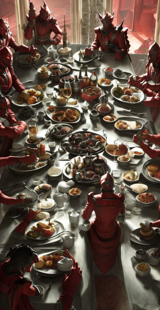 Ornate red armor-clad group dining in elegant setting