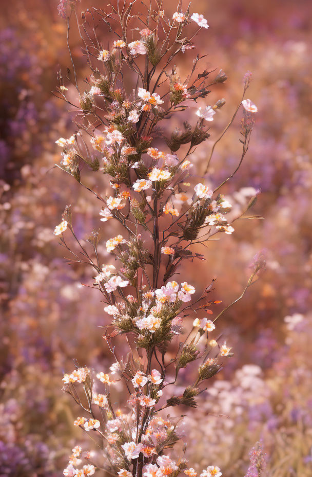 Delicate white flowers on slender branch with purple and pink floral backdrop