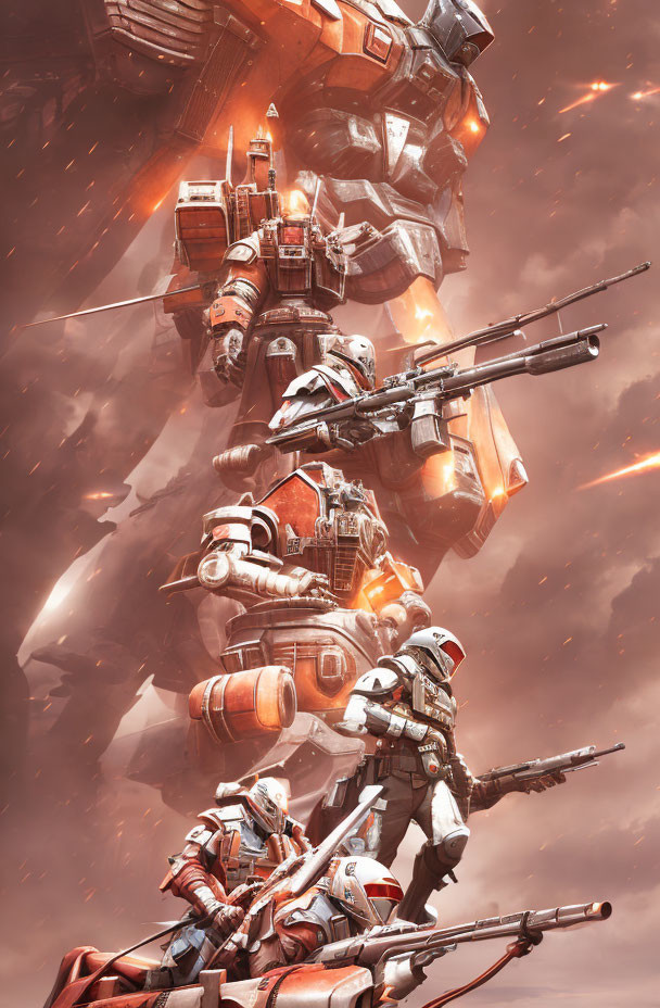 Futuristic soldiers in white and red armor with rifles near colossal mech in ember-filled sky