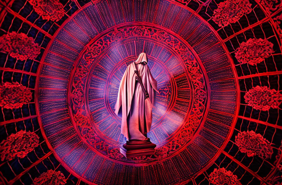 Cloaked Figure Statue in Intricate Circular Pattern with Red and Blue Geometric Designs