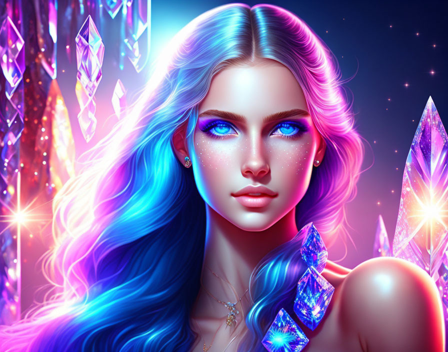 Colorful digital illustration: Woman with blue and purple hair, crystal surroundings