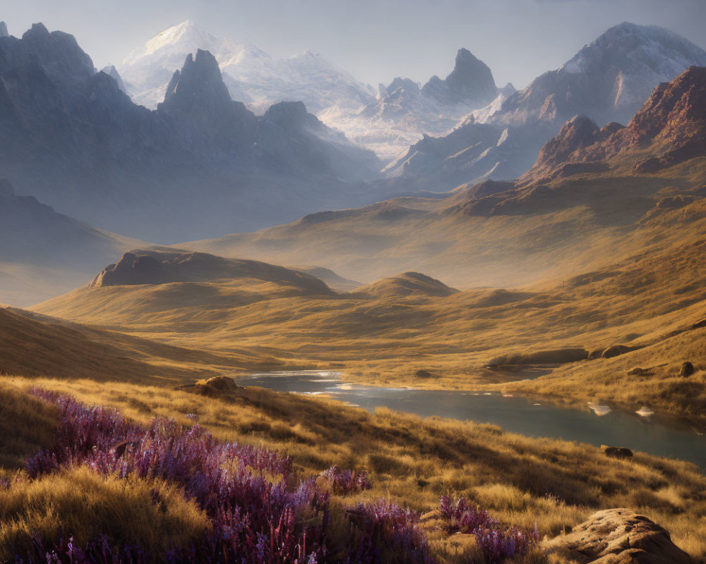 Serene River and Purple Wildflowers in Mountain Landscape