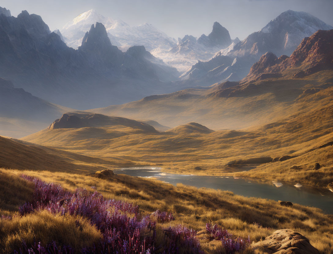 Serene River and Purple Wildflowers in Mountain Landscape