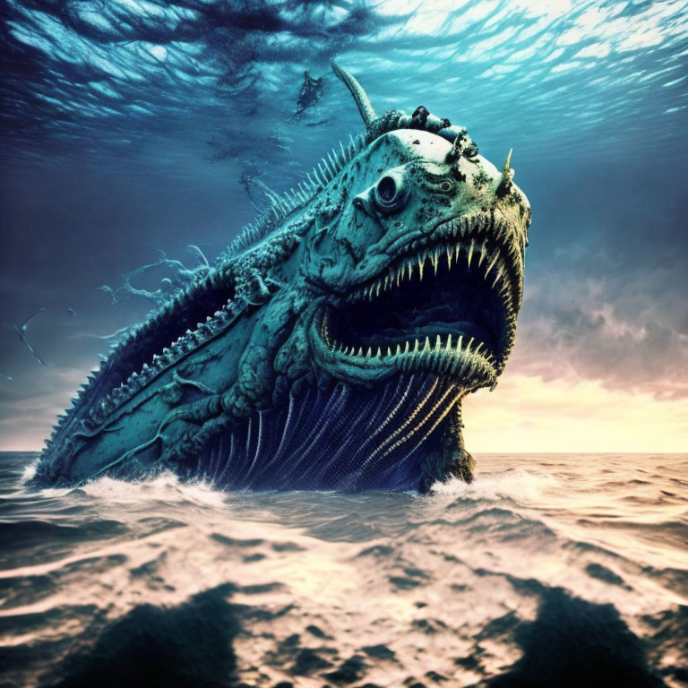 Monstrous sea creature with sharp teeth and spikes emerging from ocean