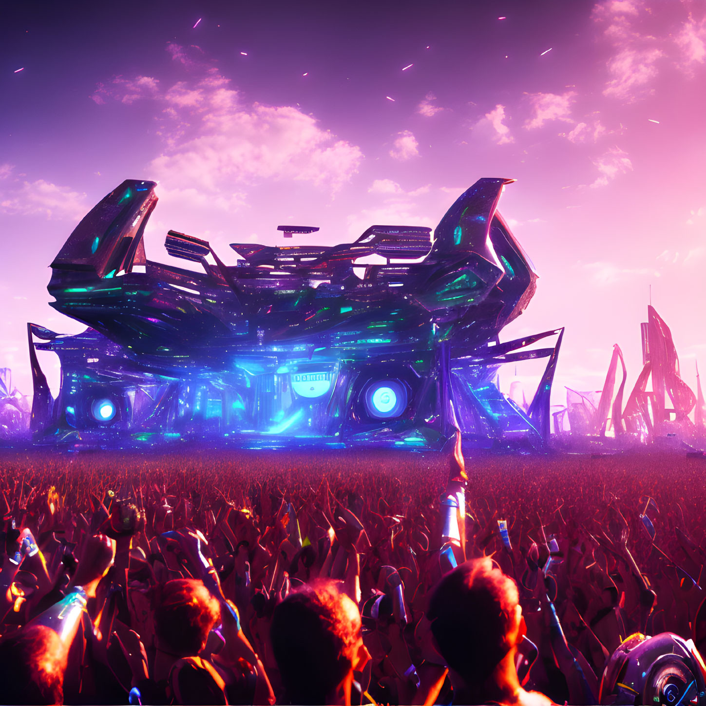 Futuristic outdoor concert with spaceship stage and neon lights