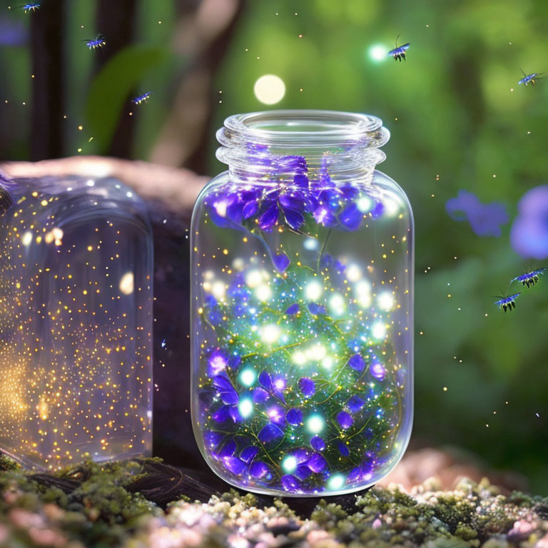 Glass jars with glowing lights and flowers next to jar with insects on wooded ground