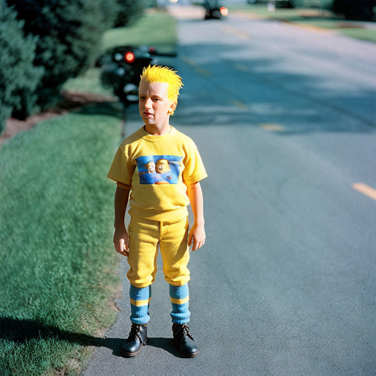 Child with yellow mohawk in yellow outfit on pathway with car and greenery