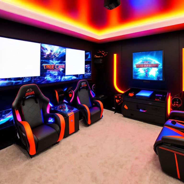 Contemporary Gaming Room with Racing Chairs & Neon Lighting