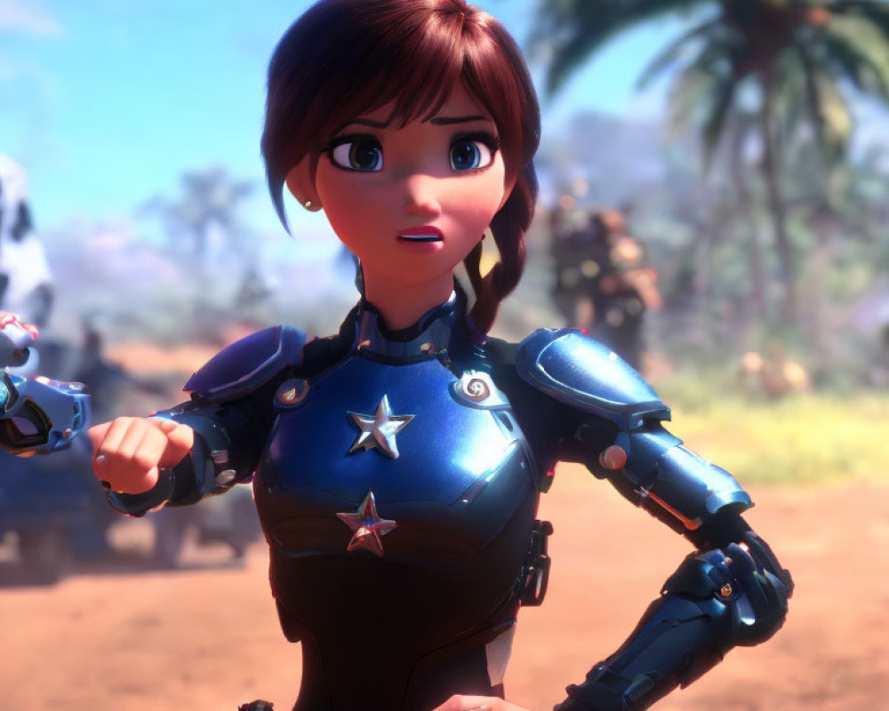 Short Brown-Haired 3D Animated Character in Futuristic Blue Armor Outdoors