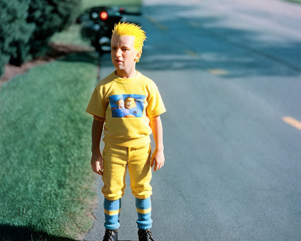 Child with yellow mohawk in yellow outfit on pathway with car and greenery