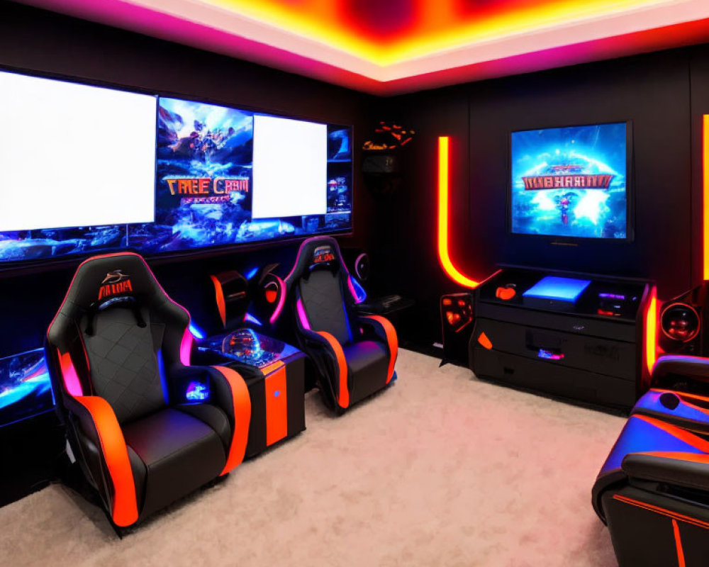 Contemporary Gaming Room with Racing Chairs & Neon Lighting