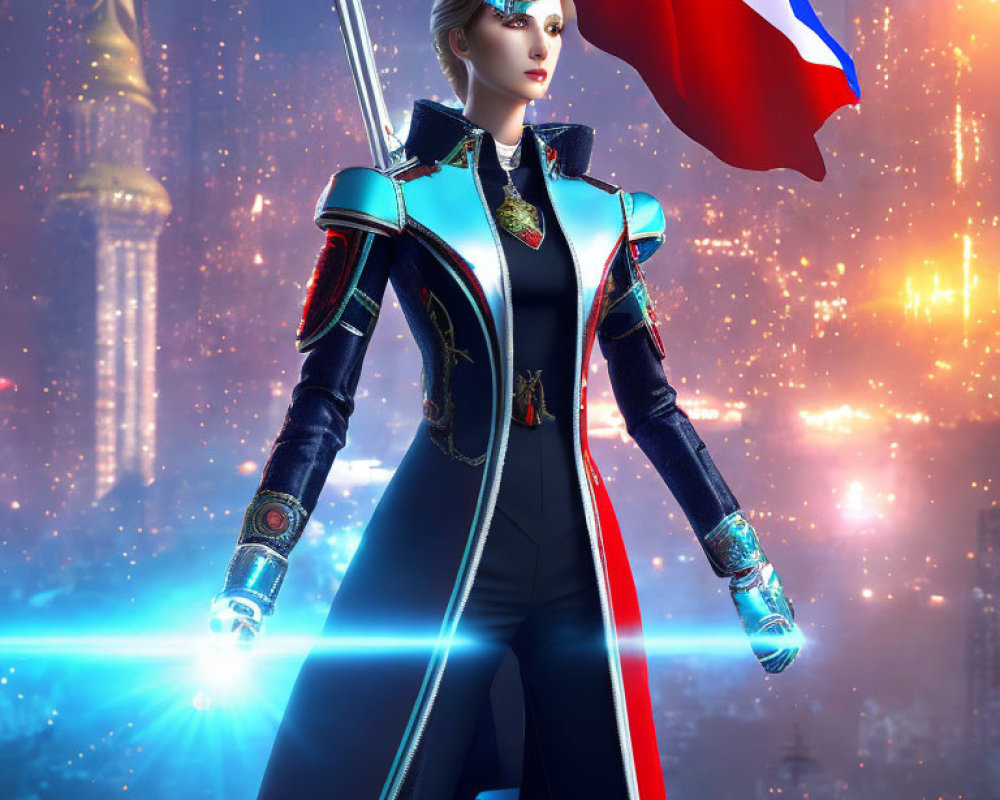 Female warrior in blue-black uniform wields glowing sword in neon cityscape.