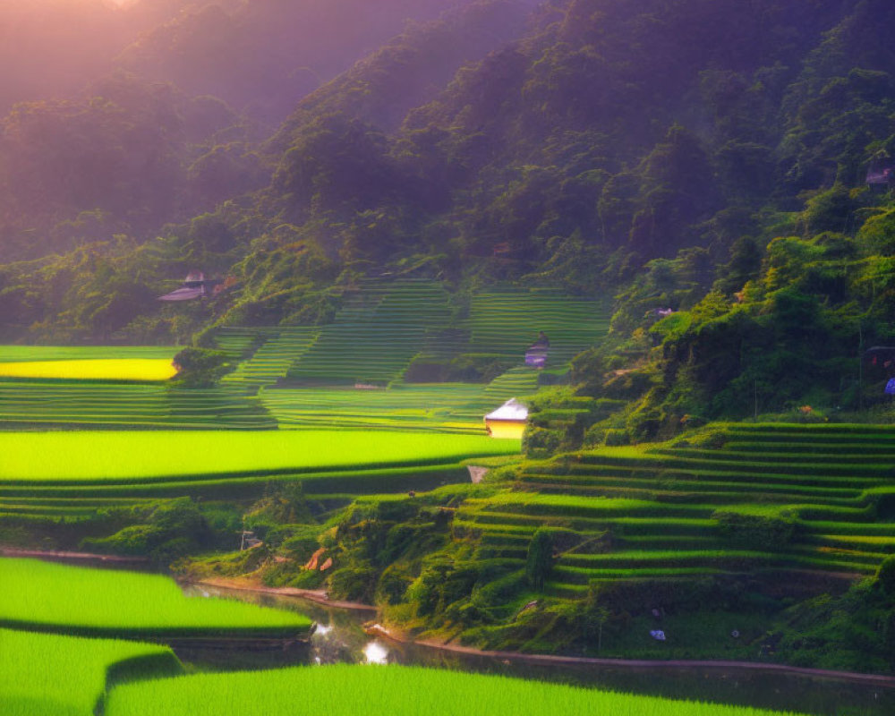 Vibrant terraced rice fields in valley with sunlight and small house