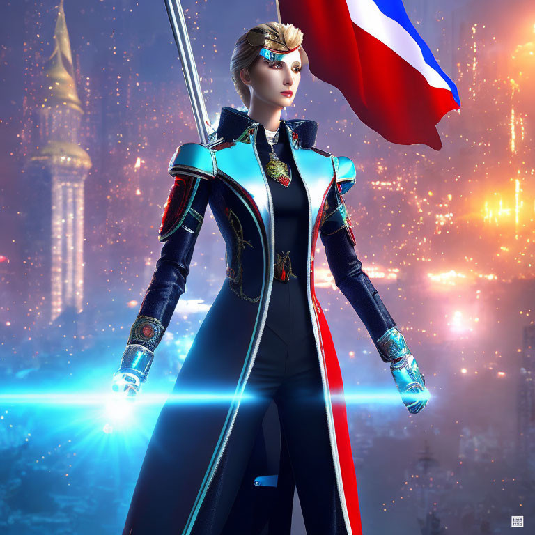 Female warrior in blue-black uniform wields glowing sword in neon cityscape.