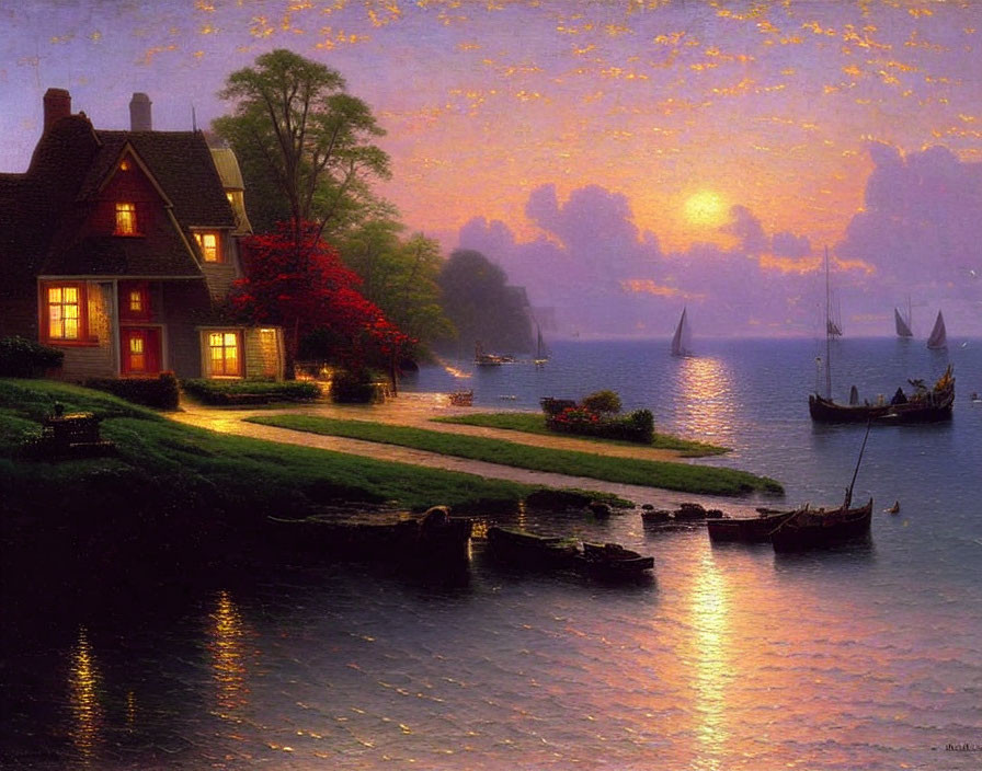 Tranquil waterside sunset with cottage, red flowers, calm sea, sailboats