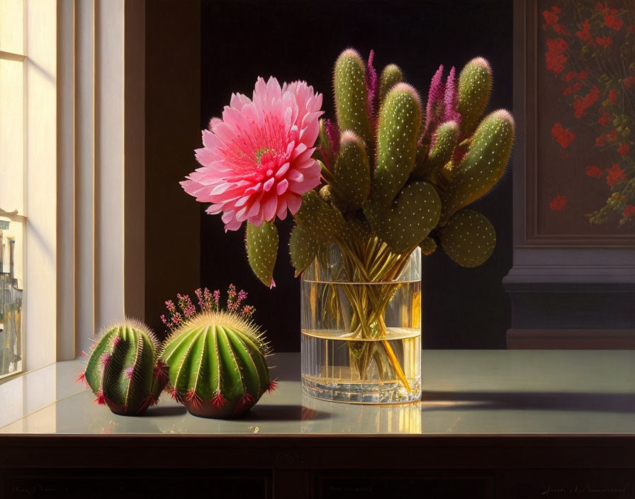 Vibrant pink flower and cacti in sunlit room