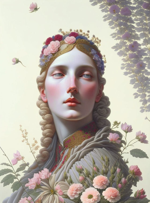 Surreal portrait of person with pale skin in floral crown and ornate attire among soft pink flowers