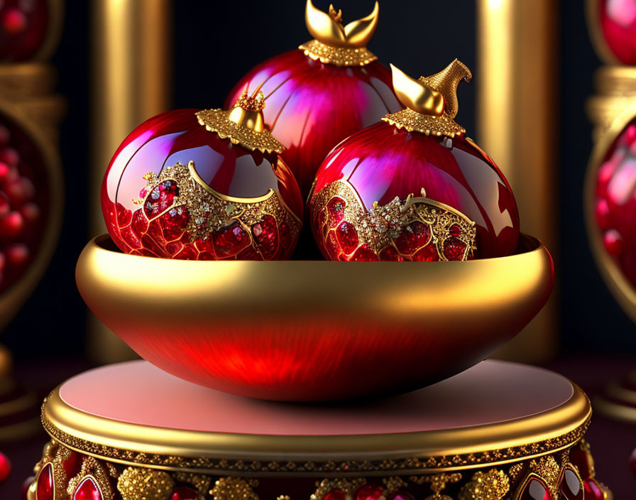 Luxurious Red and Gold Christmas Baubles on Velvet Pedestal