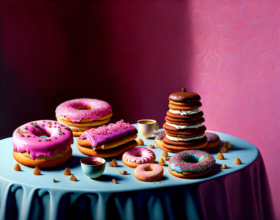 Assorted Decorated Donuts and Coffee on Purple Table