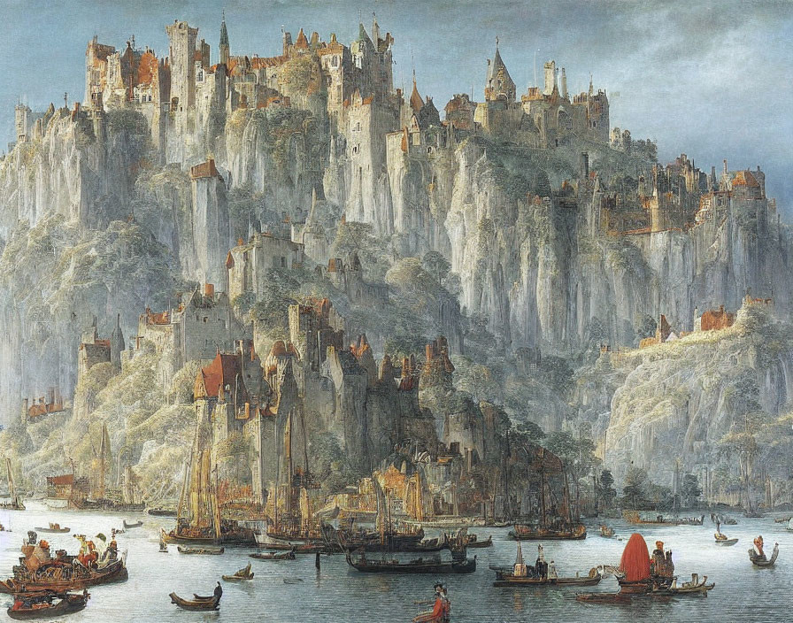 Medieval cityscape painting with boats, stone buildings, spires, and cloudy sky