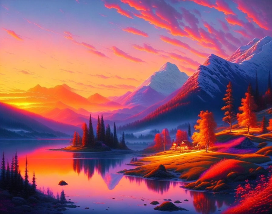 Scenic sunset over mountain lake with pink clouds