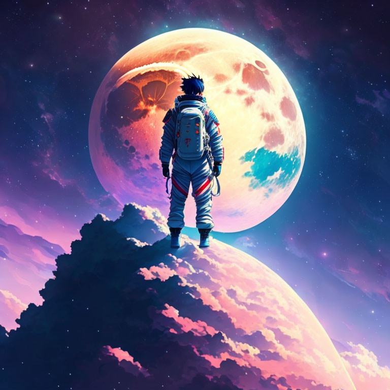 Astronaut on rocky peak gazes at large moon in purple sky