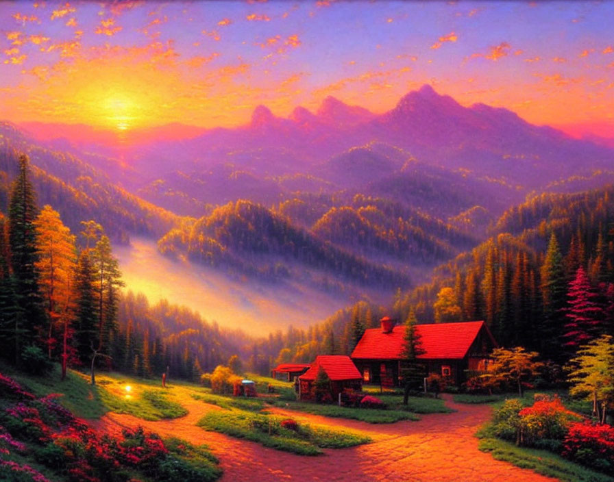 Scenic sunset landscape with red-roofed cabin, misty forests, mountains, and colorful sky