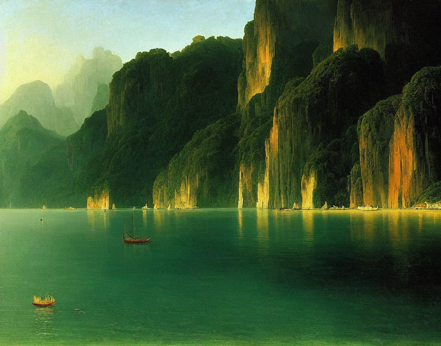 Boats on Calm Water with Verdant Cliffs in Golden Light