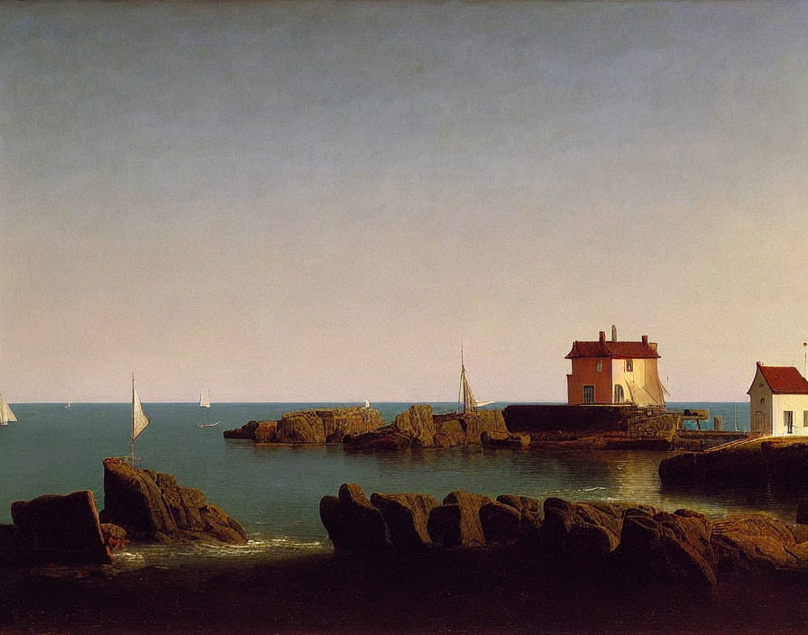 Tranquil seaside painting with sailboats, rocky shore, and golden-lit houses.