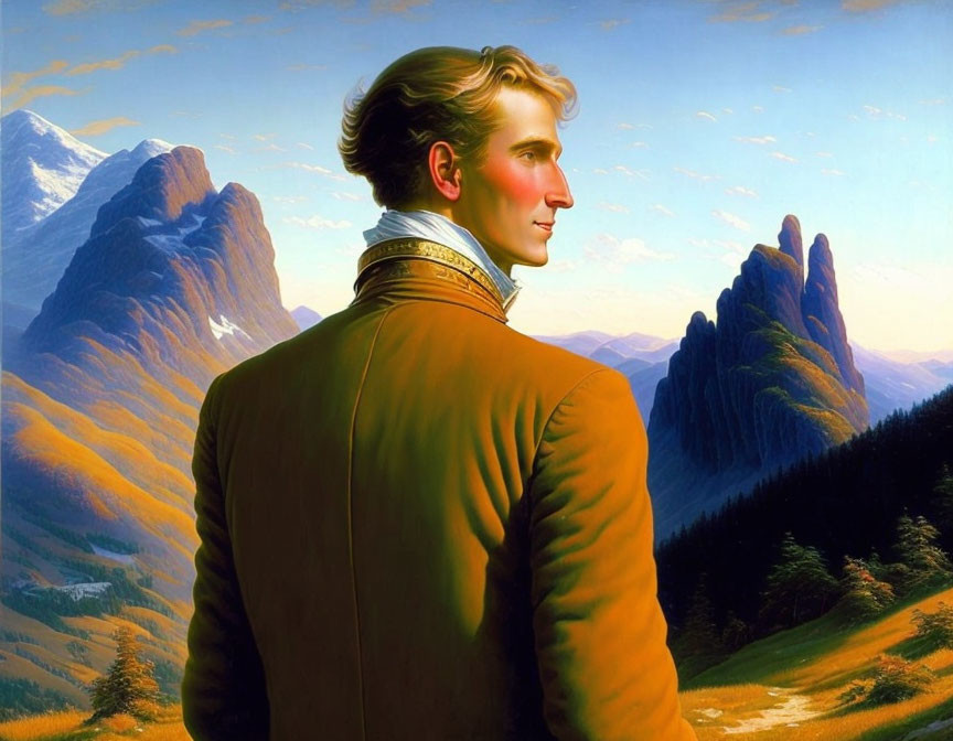 Man in Brown Jacket Gazing at Majestic Mountains and Blue Sky