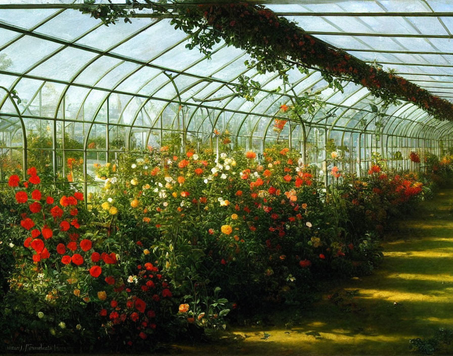 Colorful Blooming Flowers in Sunlit Greenhouse