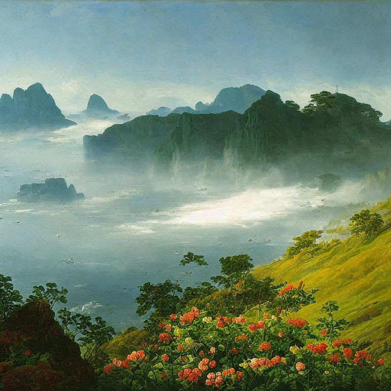 Misty mountains, river, hills, and red flowers in serene landscape