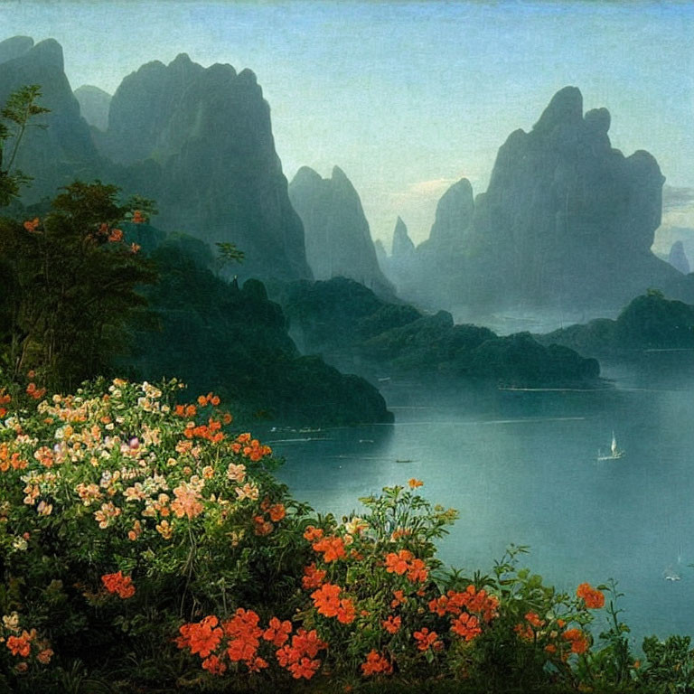 Tranquil landscape with river, blooming flowers, misty mountains, and boat