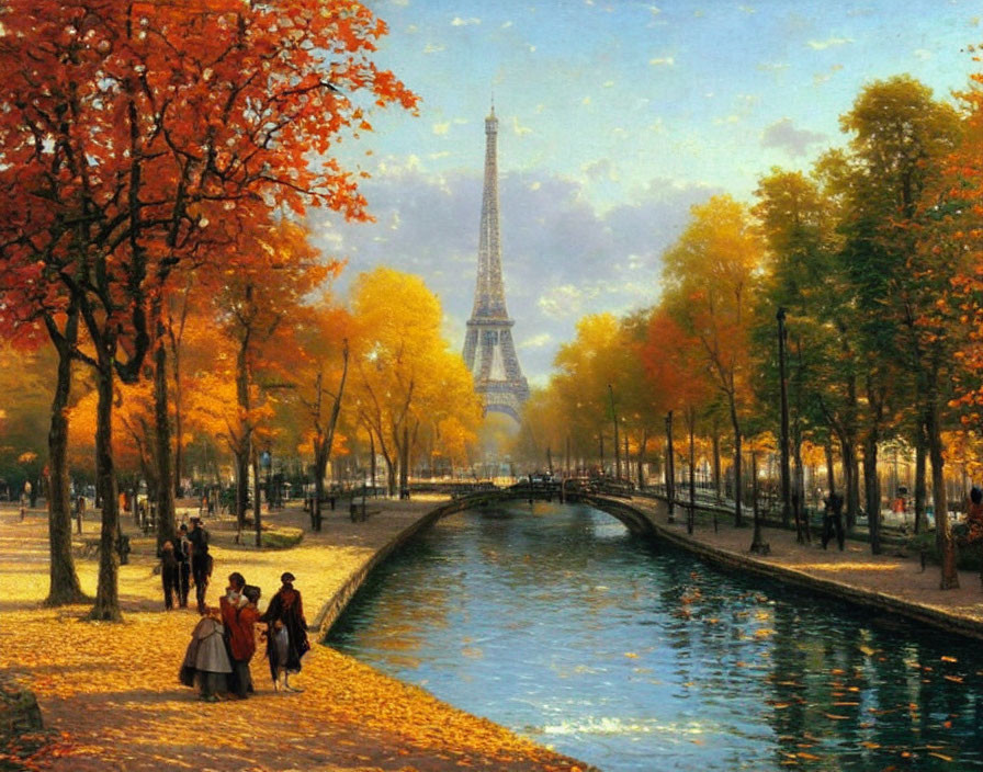 Colorful Autumn Scene: People by Canal, Eiffel Tower in Fall Paris