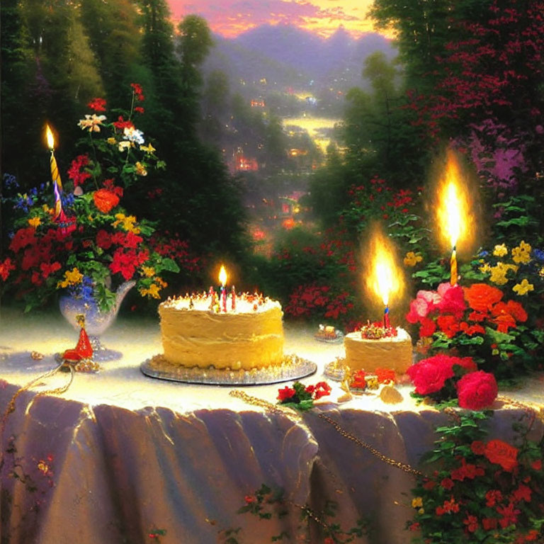 Colorful Birthday Cake Painting with Flowers and Village Scene