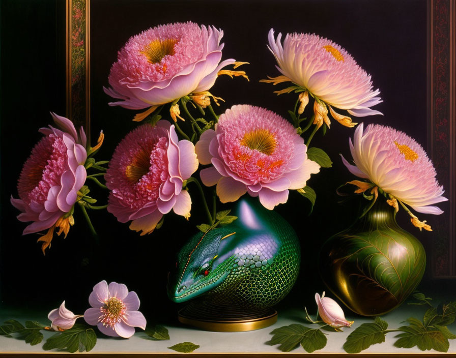 Detailed still life painting: Pink flowers in vase with fused reptilian creature and small vase