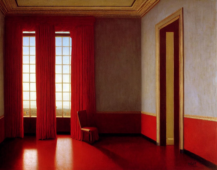 Empty room painting with red curtains, bright window, red carpet, wooden chair, and yellow-trim