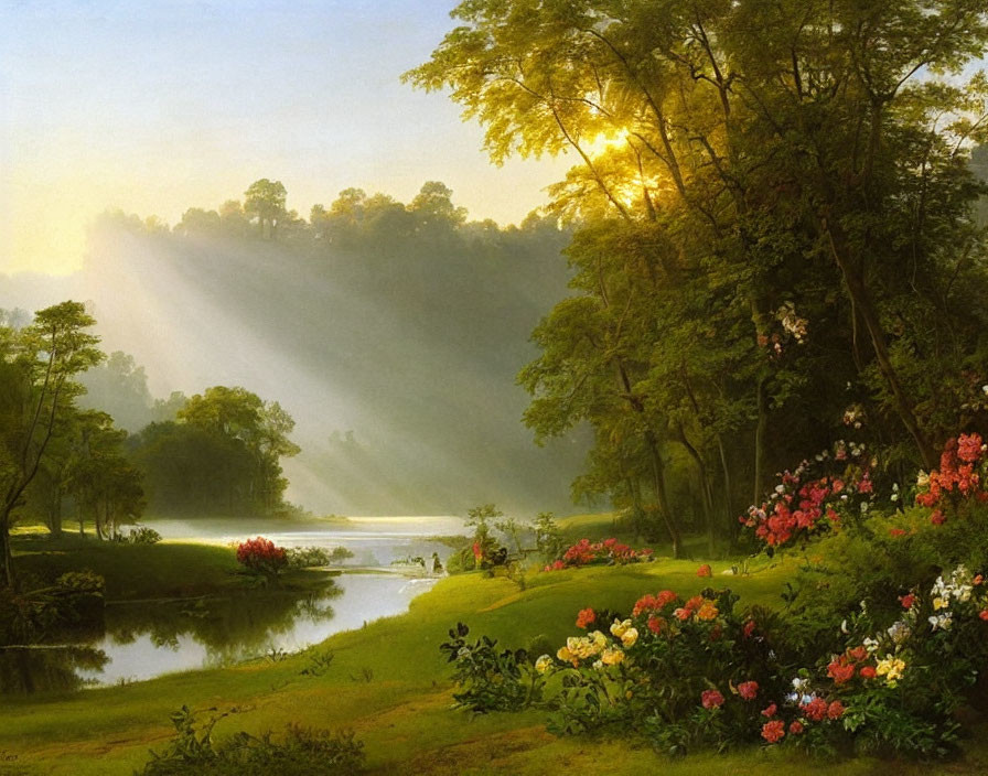 Tranquil landscape with sun rays, lake, trees, and flowers