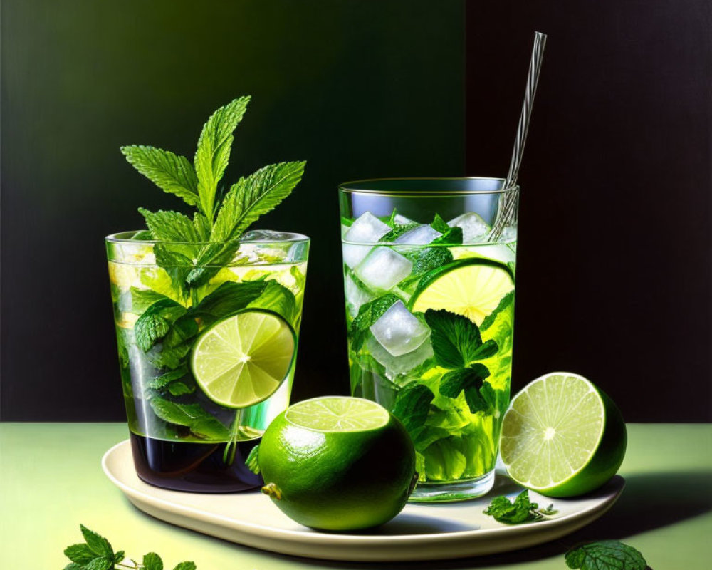 Fresh Mint Mojito Drinks with Lime and Ice on Tray