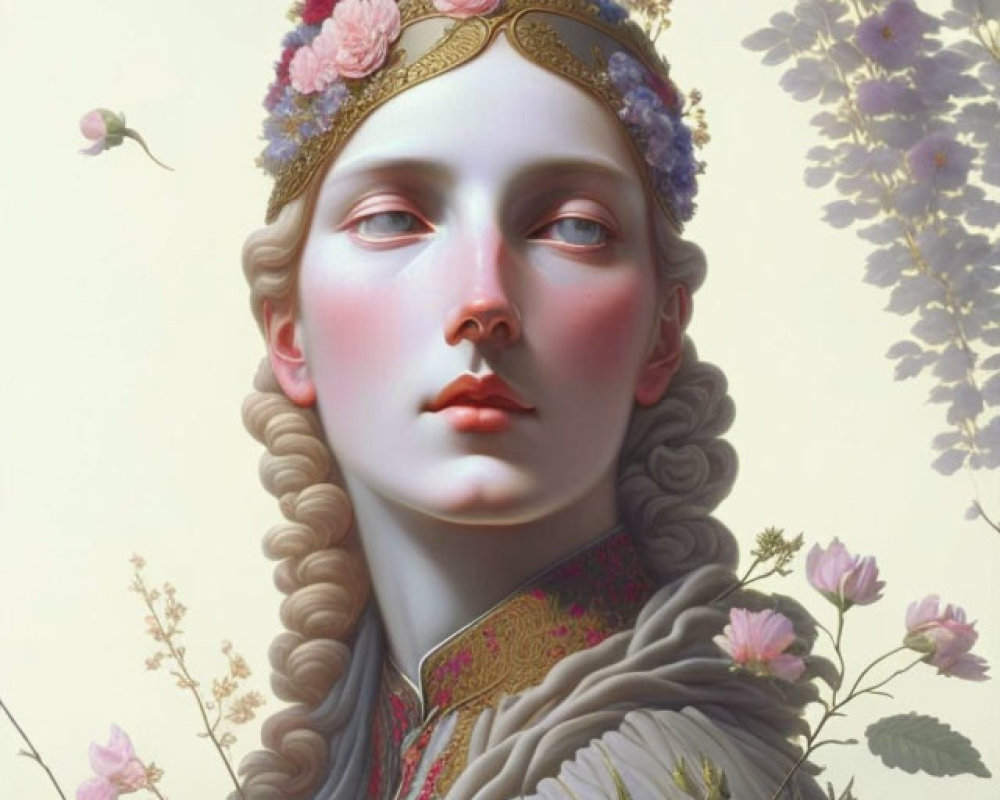 Surreal portrait of person with pale skin in floral crown and ornate attire among soft pink flowers