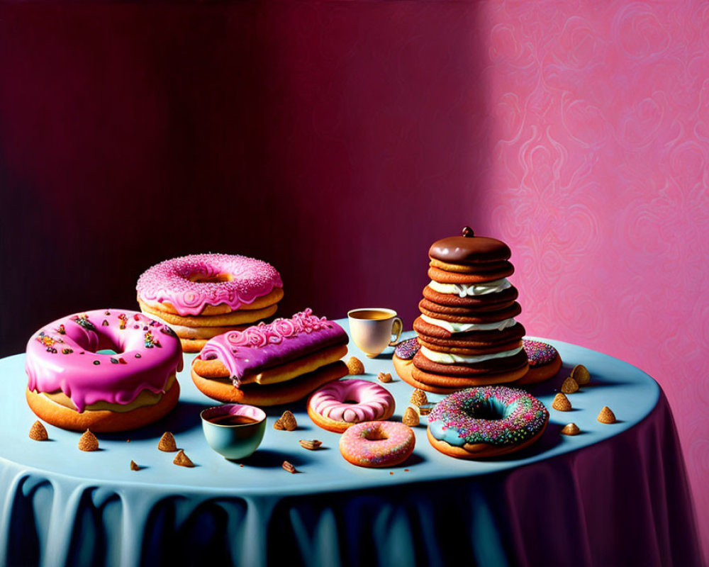 Assorted Decorated Donuts and Coffee on Purple Table