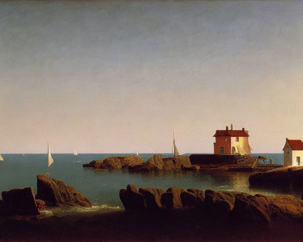 Tranquil seaside painting with sailboats, rocky shore, and golden-lit houses.