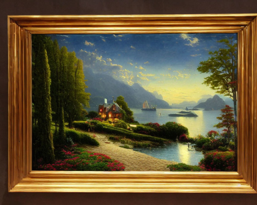 Scenic lakeside village painting with boats, mountains, trees, and flowers