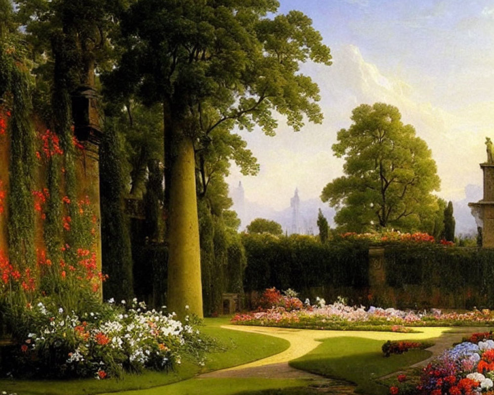 Tranquil garden pathway with vibrant flowers and lush trees towards distant classical structure