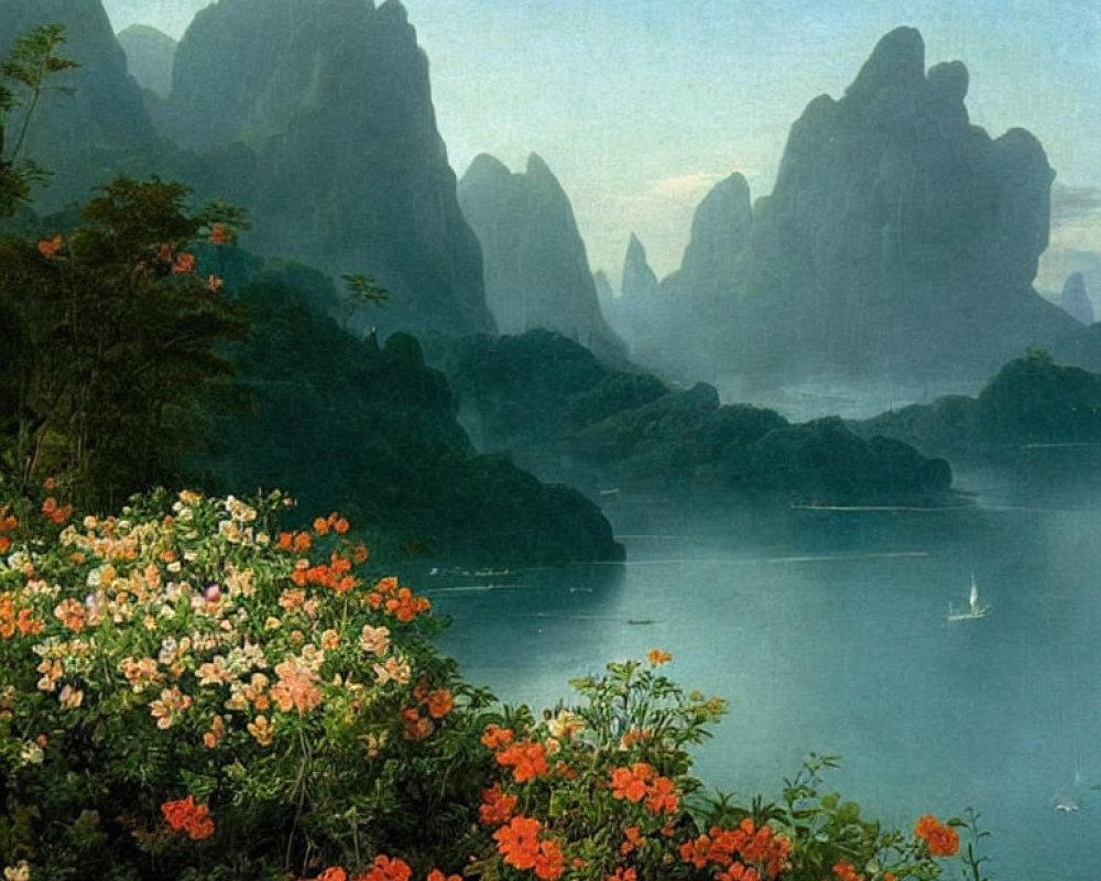 Tranquil landscape with river, blooming flowers, misty mountains, and boat