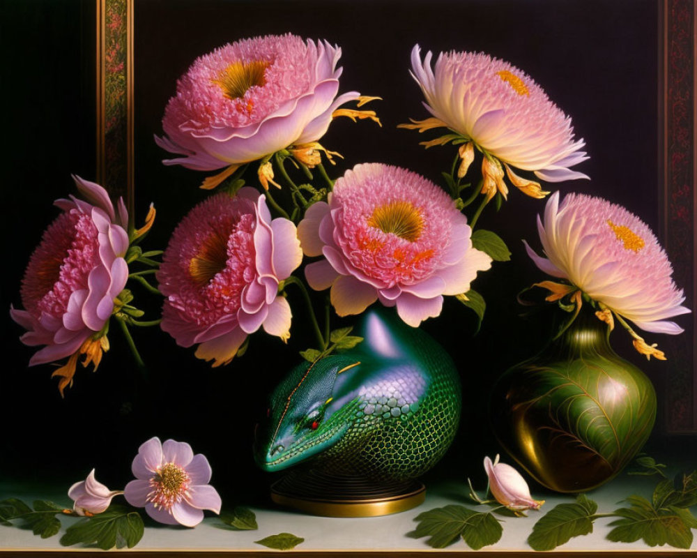 Detailed still life painting: Pink flowers in vase with fused reptilian creature and small vase