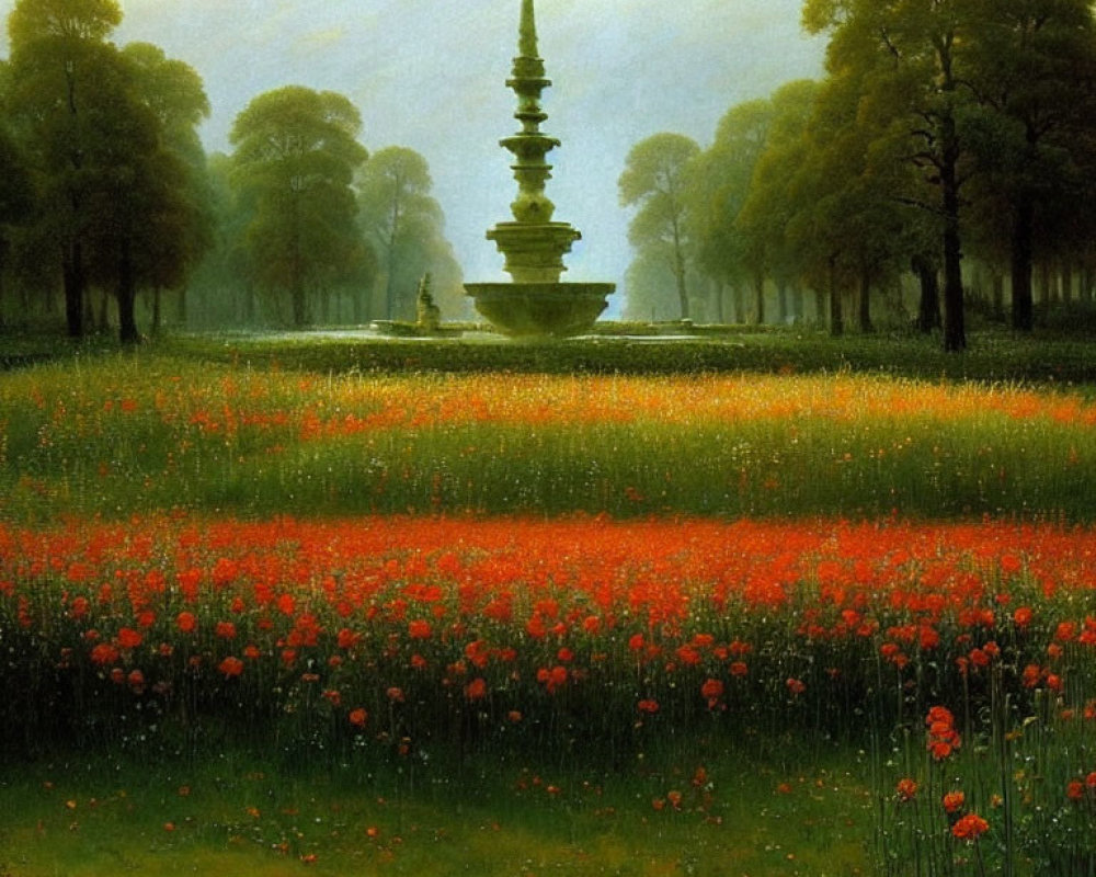 Tranquil multi-tiered fountain in field of red poppies and misty grove