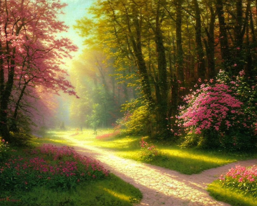 Tranquil Path with Blossoming Trees and Flowers